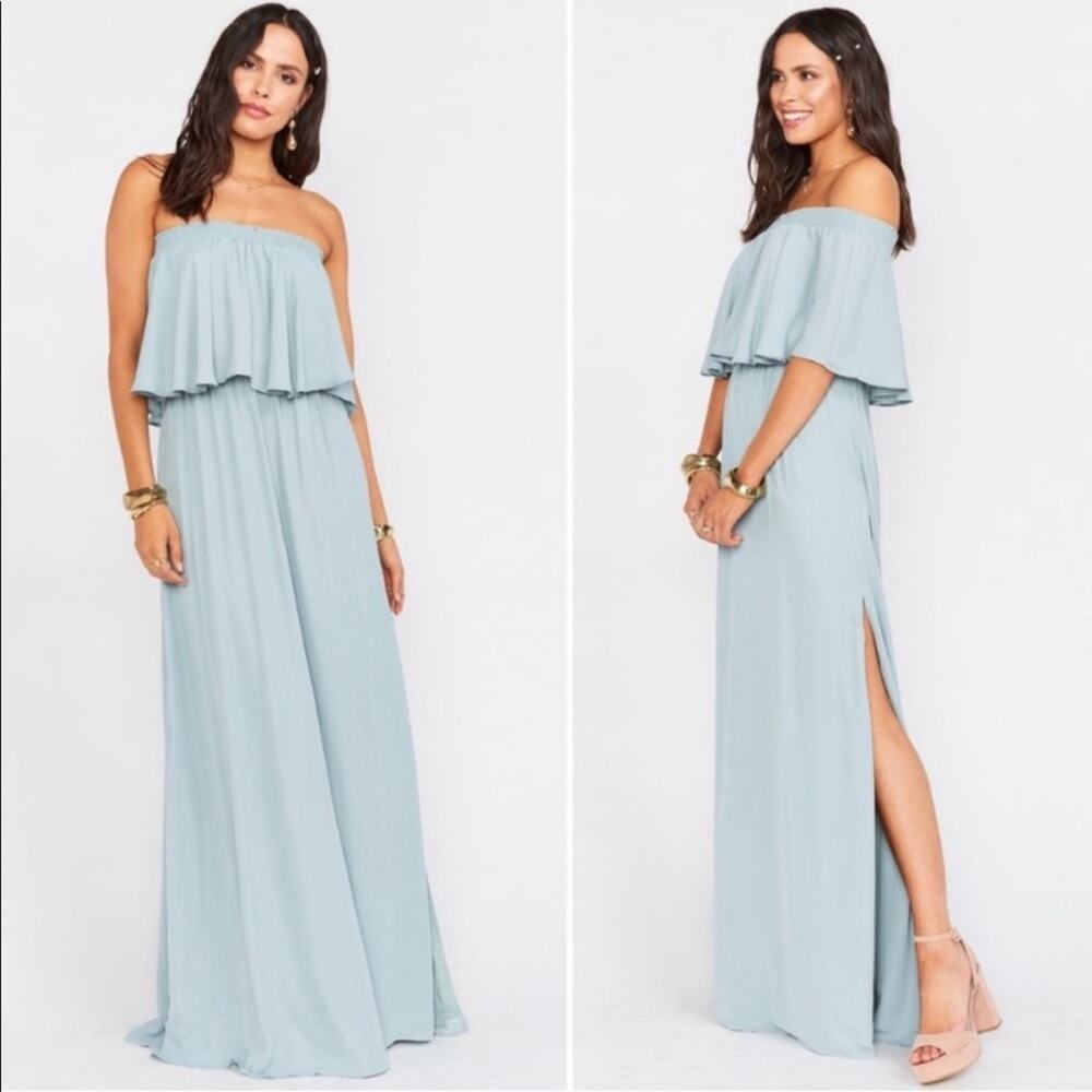 NWT SHOW ME YOUR MUMU Women's Light Blue Off Shoulder Hacienda Maxi Dress